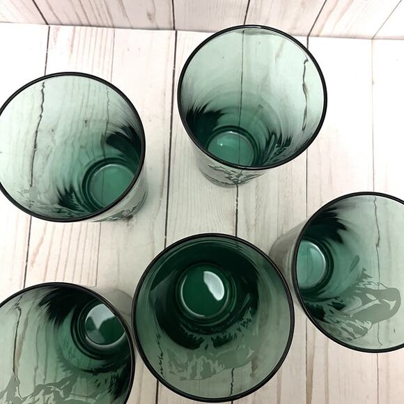 Robert Vavra Vintage Signed Frosted Etched Equestrian Green Glass Tumblers Set 5 - Picture 10 of 12